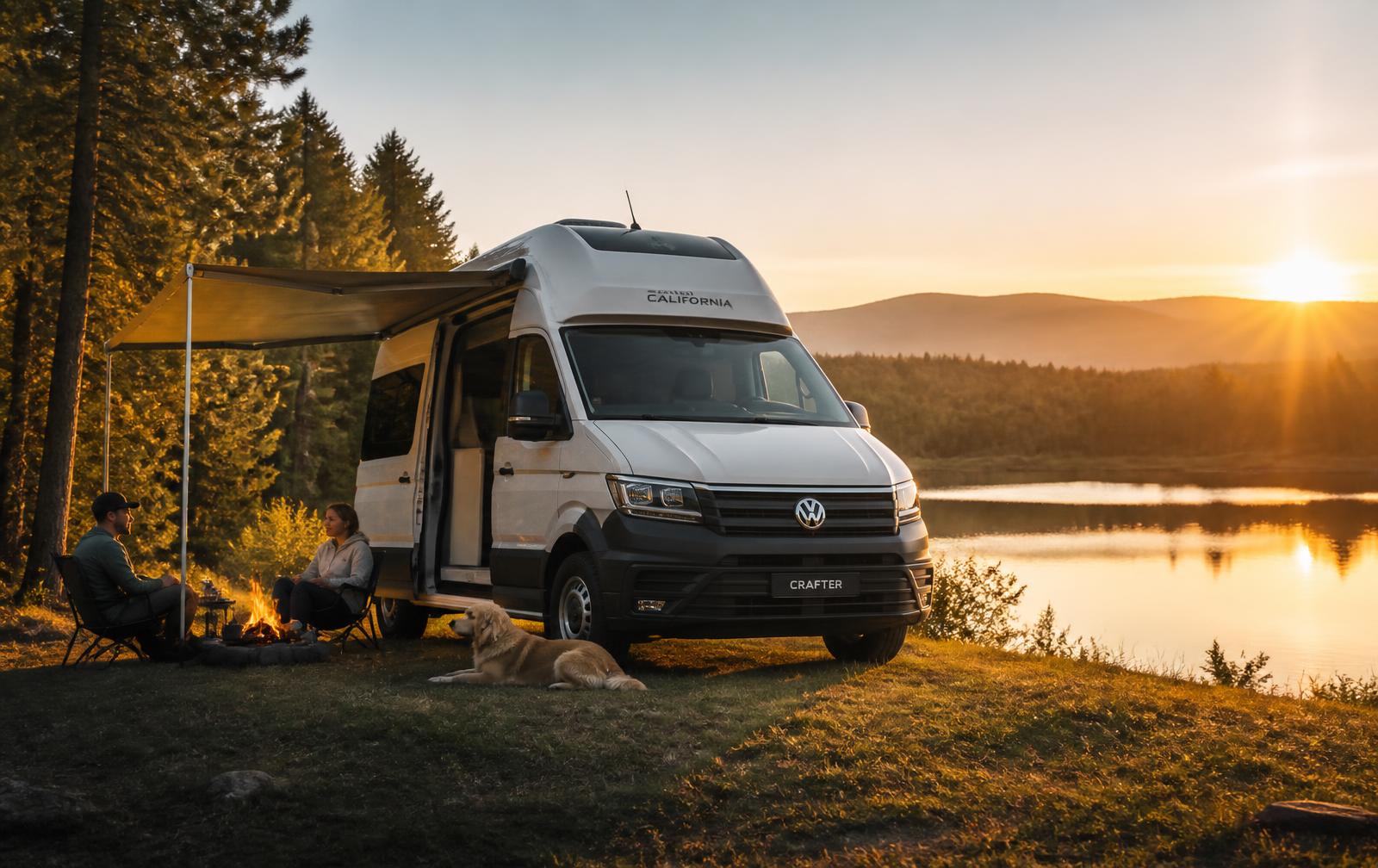 VW Crafter Grand California u jezera při západu slunce